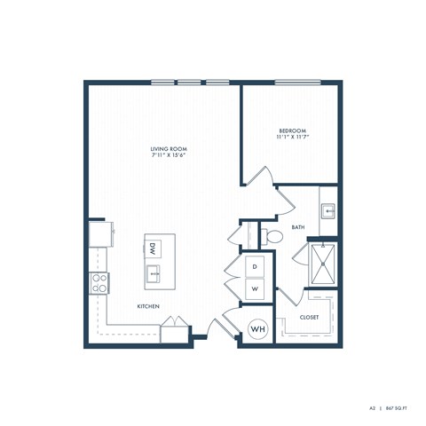 Floor plan for 1 bed, 1 bath, 867 sqft